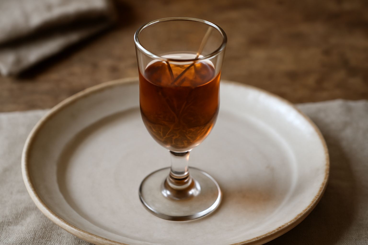 Bicchiere trasparente con liquore ambrato, erbe essiccate sparse sul piano di lavoro in legno, bottiglia scura con etichetta artigianale sullo sfondo, luce naturale da finestra