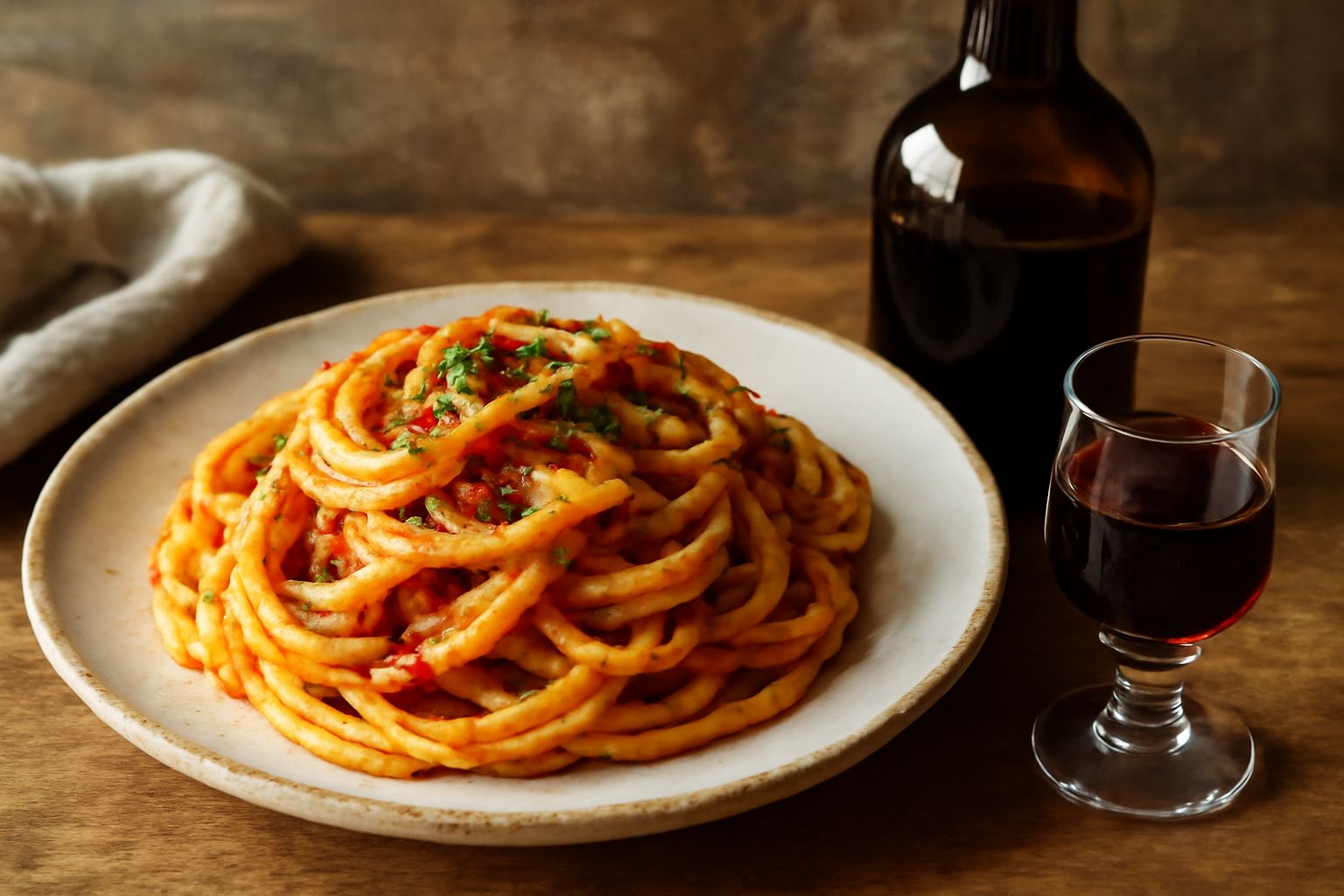Bottiglie di amaro di erbe ligure dal colore ambrato e marrone scuro, con dentro visibili pezzetti di erbe aromatiche secche, su un tavolo di legno rustico con accanto rami di rosmarino e timo fresco