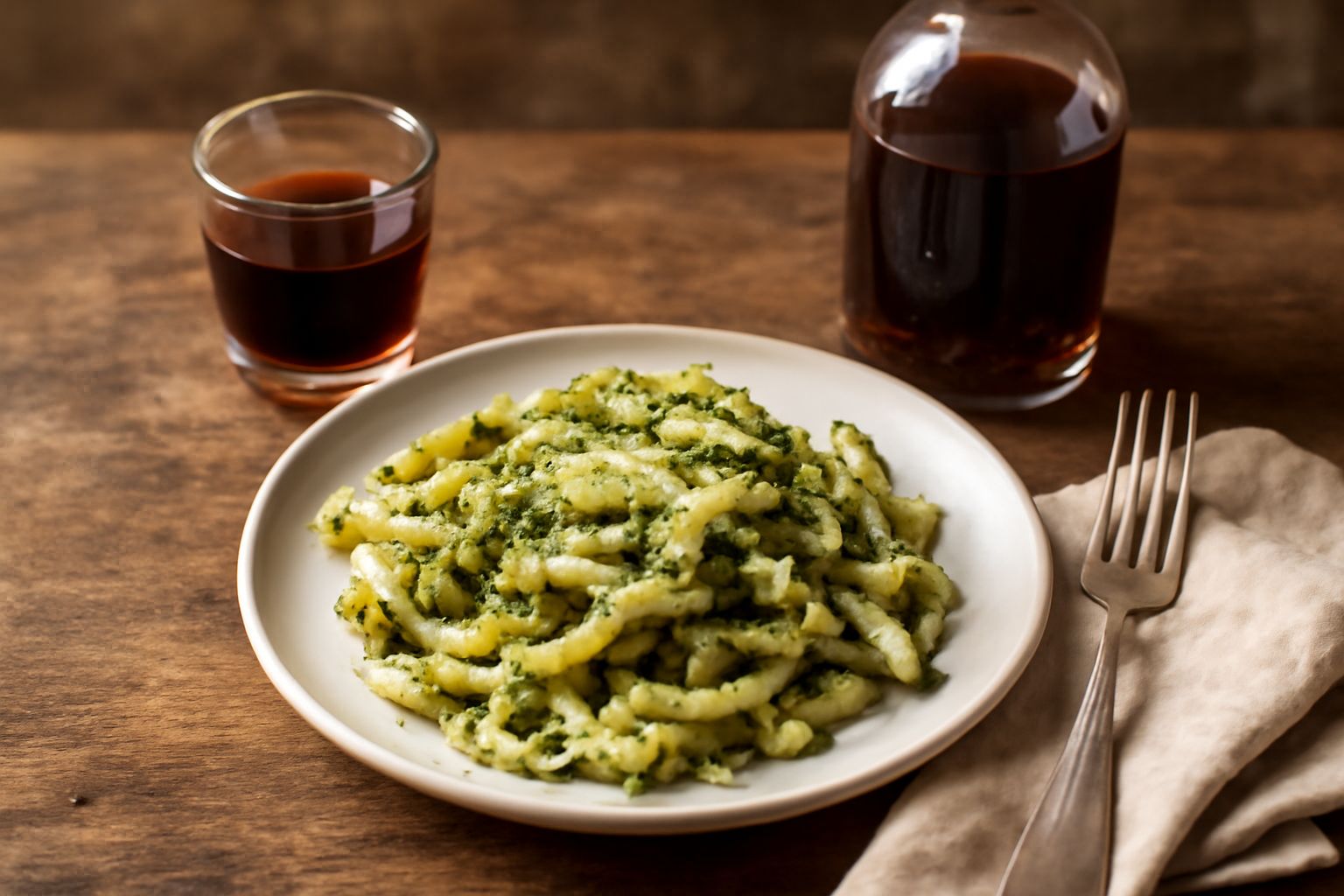 Bicchiere con amaro di Genova di colore marrone scuro, in bottiglia di vetro scuro con erbe secche visibili sul fondo, servito su tavolo di legno con erbe aromatiche sparse intorno