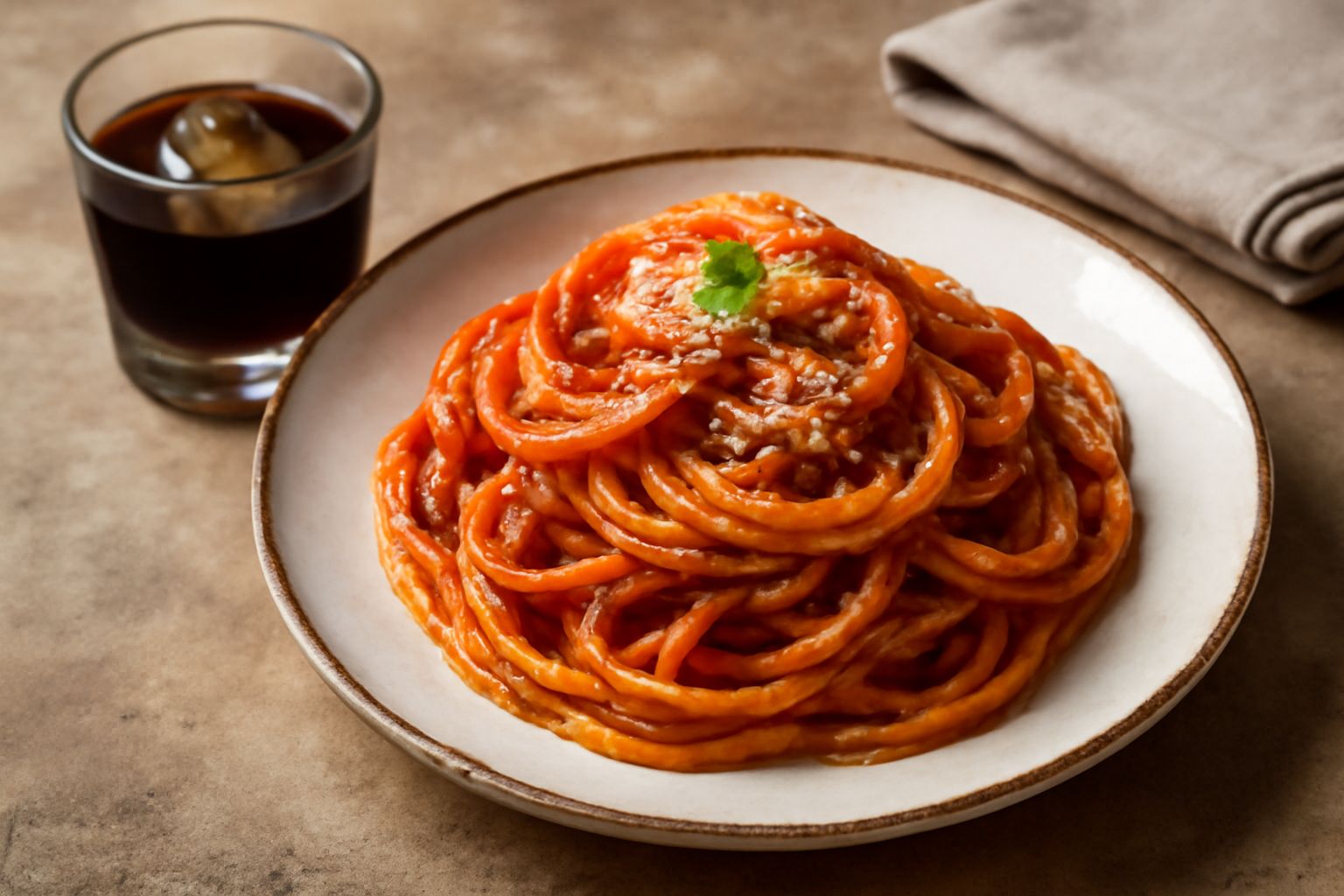 Amaro di Milano in bicchierini trasparenti dal colore marrone scuro, su tavolo in legno con erbe secche sparse accanto e bottiglia in vetro scuro di sfondo
