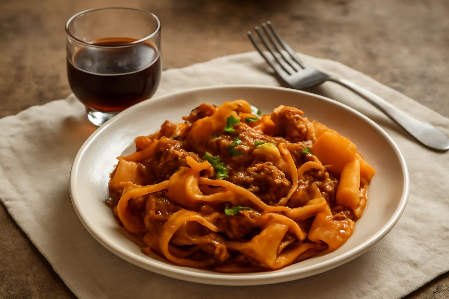 Bicchiere di cristallo con Amaro di Salerno color marrone scuro, servito a temperatura ambiente, con sfondo di tavolo di legno e accanto una bottiglia di vetro scuro tappata