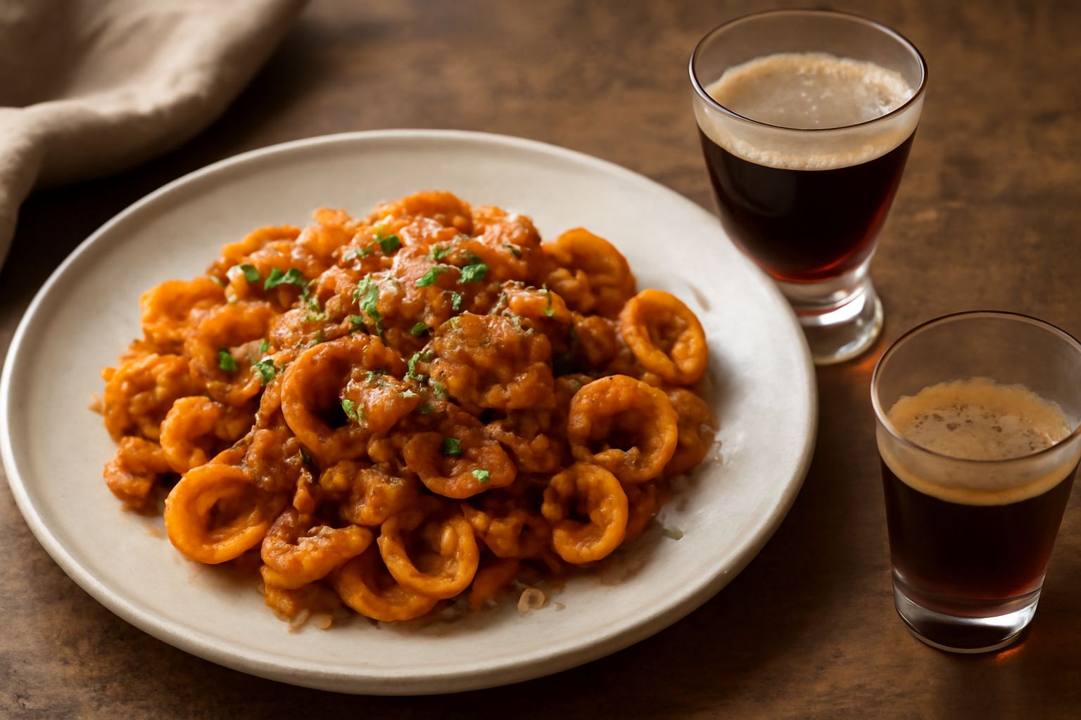 Bicchierino di amaro di San Benedetto color ambrato scuro, servito su un piatto bianco con una foglia di menta fresca accanto, luce naturale da finestra