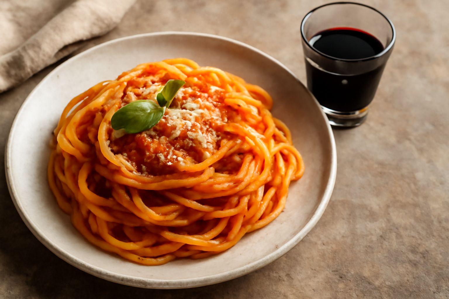 Bicchiere trasparente con Fernet color marrone scuro quasi nero, limpido, su superficie bianca. Accanto una bottiglia di vetro scuro con etichetta, qualche ramo di assenzio e un peperoncino secco.