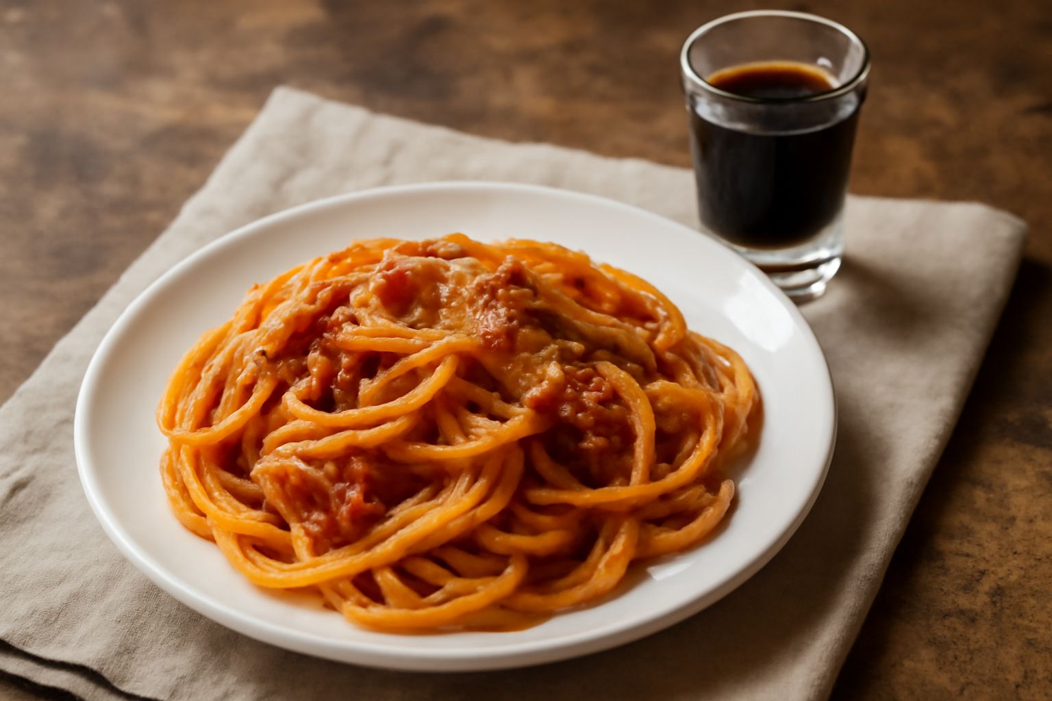 Bottiglia di Fernet Branca con etichetta nera, bicchiere con liquido scuro e un cucchiaio di legno su piano di legno rustico, accanto a erbe aromatiche secche