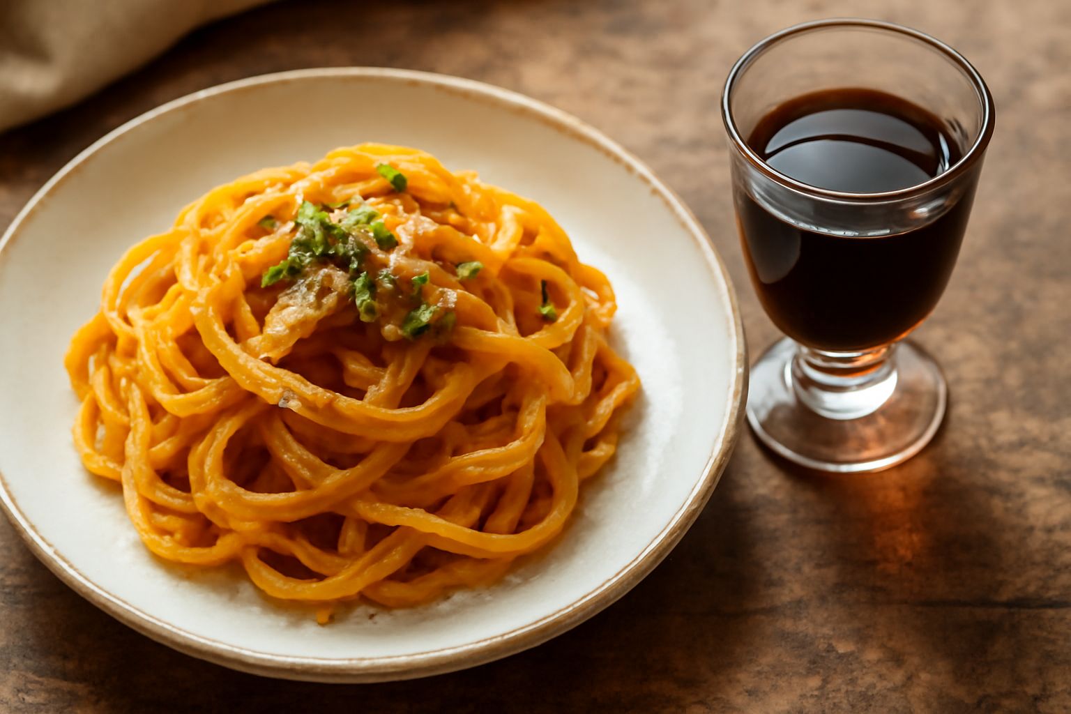 Bicchiere di cristallo con amaro color ambrato scuro, servito a temperatura ambiente, con accanto una bottiglia di vetro verde scuro, sfondo sfumato in tonalità calde, alcuni rametti di erbe secche sp