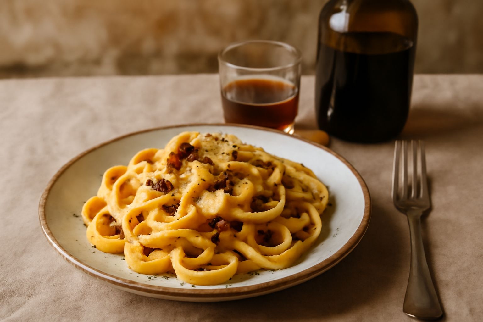 Bicchiere corto con amaro gentian color ambrato scuro, servito a temperatura ambiente, accanto a una bottiglia di vetro trasparente con liquido dorato e una radice di genziana essiccata su un tavolo d