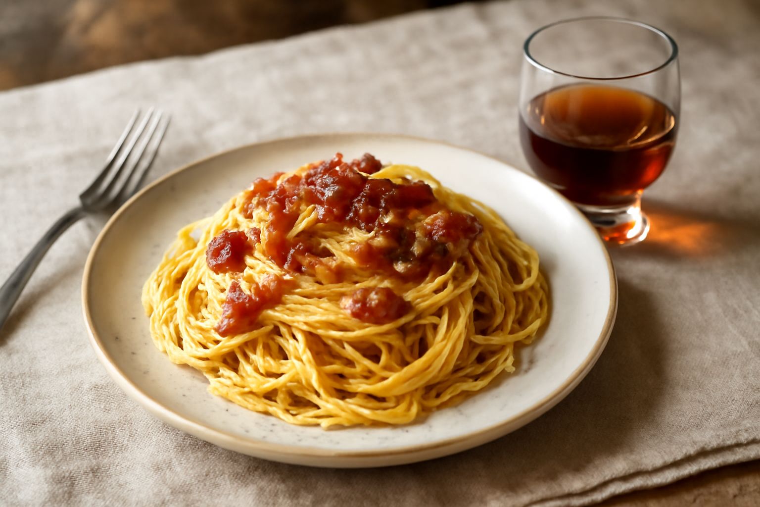 Bicchiere basso con amaro lariano color marrone ambrato, liquido trasparente leggermente scuro, servito a temperatura ambiente su tavolo in legno con accanto rametti di erbe aromatiche secche