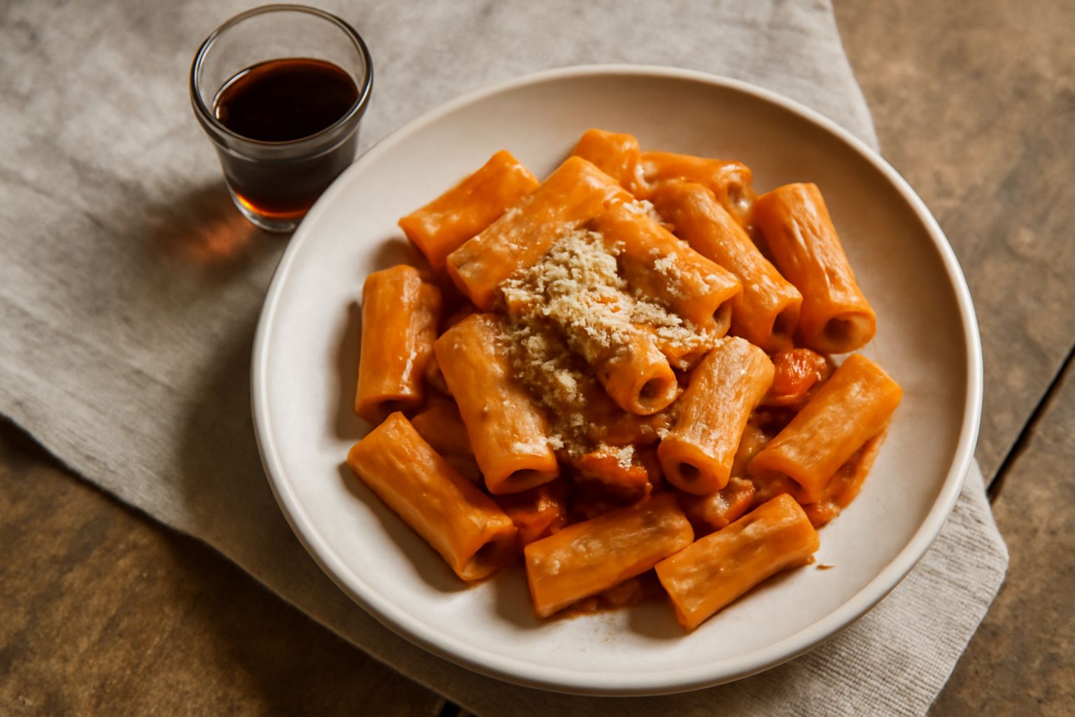 Bicchiere di vetro trasparente con amaro laziale color ambrato scuro, liquido limpido e brillante, servito a temperatura ambiente su tavolo di legno rustico con rametti di erbe secche in primo piano