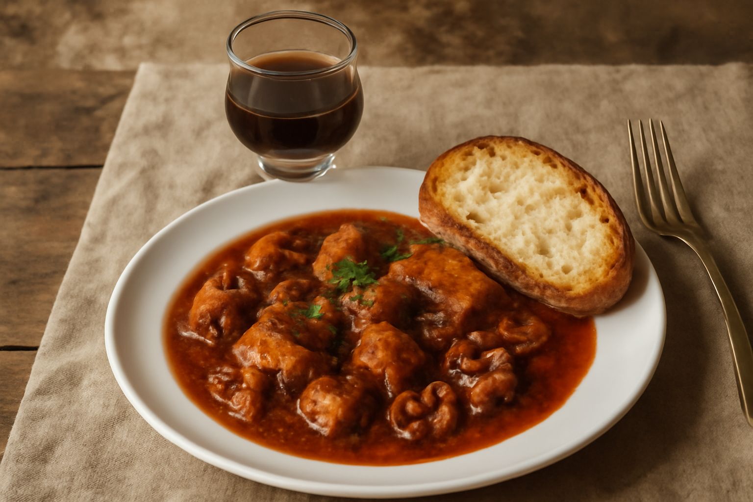 Bicchiere di Amaro Livornese marrone scuro servito a temperatura ambiente, con bottiglie di vetro scuro sullo sfondo e erbe secche sparse su tavolo di legno