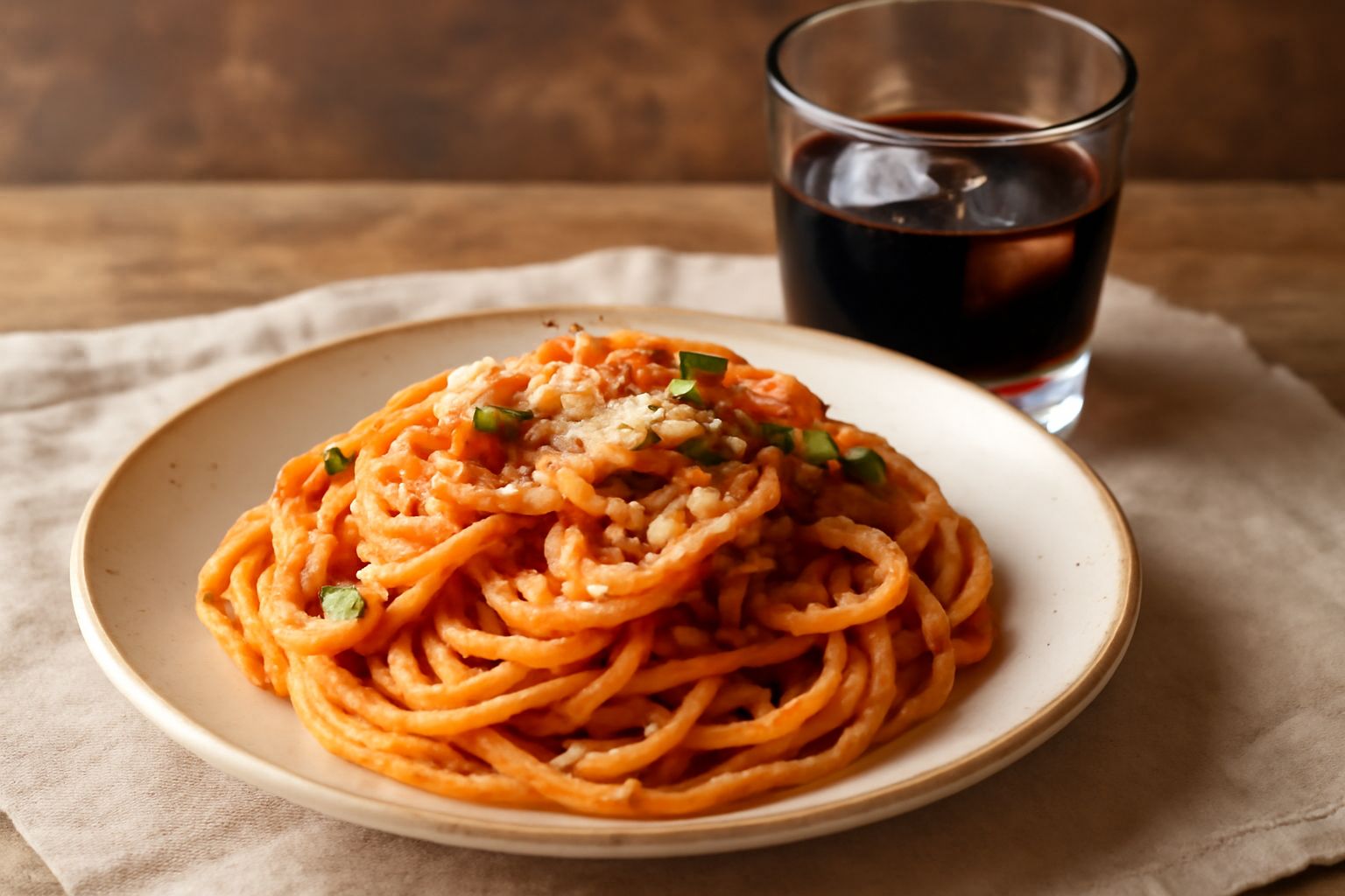 Bicchiere di cristallo con Amaro Lucano dal colore marrone scuro, servito con ghiaccio, accanto a una bottiglia etichettata e una fetta di agrume