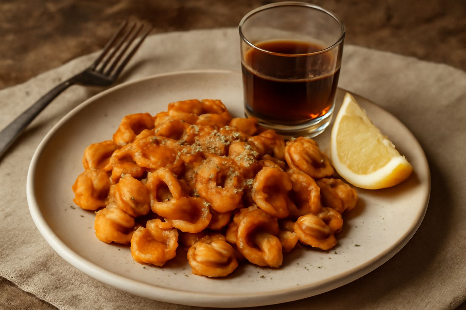 Bicchiere trasparente con amaro Lucano bergamasco di colore ambrato scuro, con riflessi dorati, servito a temperatura ambiente su un tavolo di legno con una scorza di bergamotto accanto