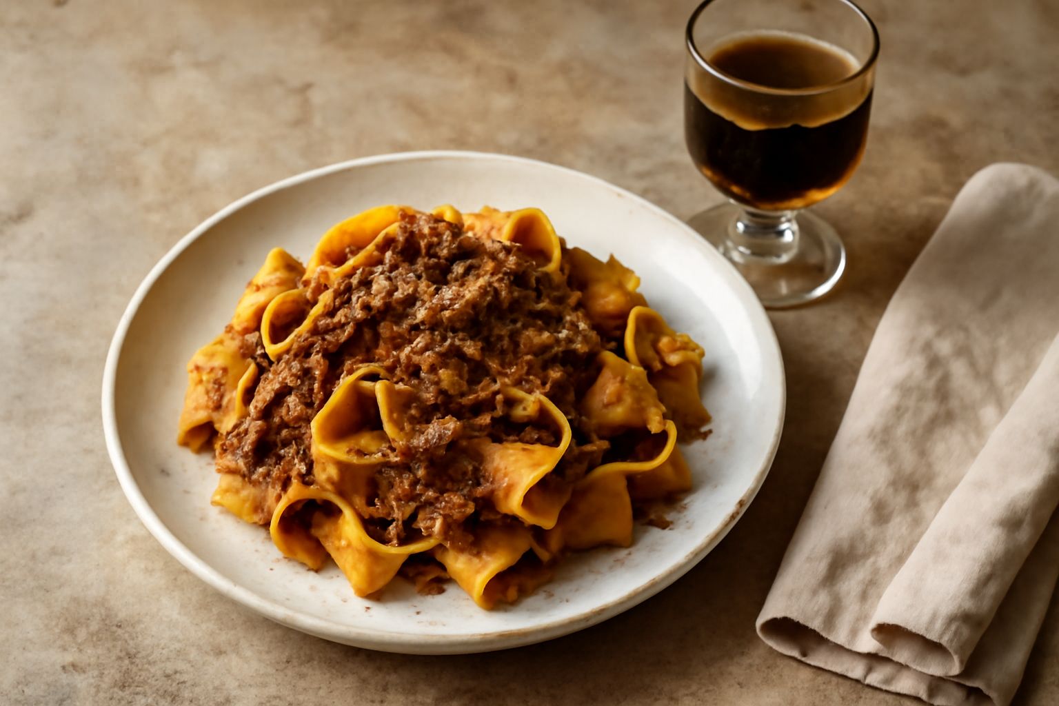 Bicchiere di cristallo con Amaro Lucchese color marrone scuro, servito dopo pasto, bottiglie di vetro scuro sullo sfondo e erbe secche sparse sul tavolo di legno