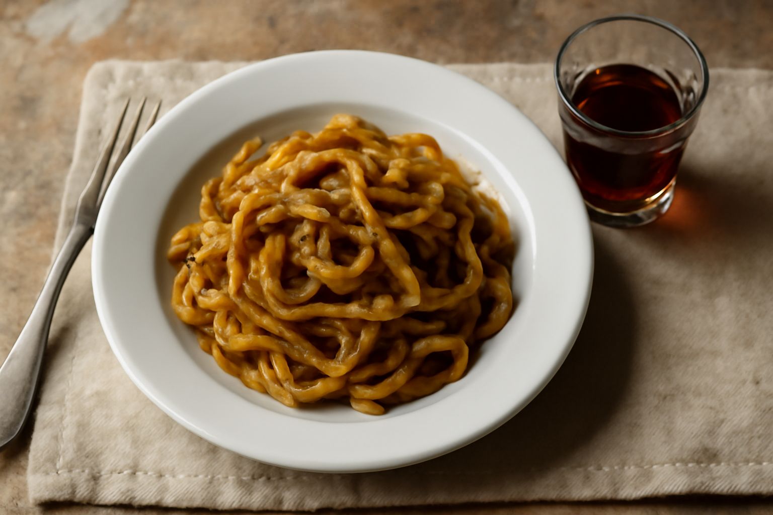 Bicchiere di amaro mantovano di colore ambrato con riflessi dorati, servito a temperatura ambiente in un bicchierino da liquore. Accanto, una bottiglia di vetro scuro con etichetta beige e un piatto c