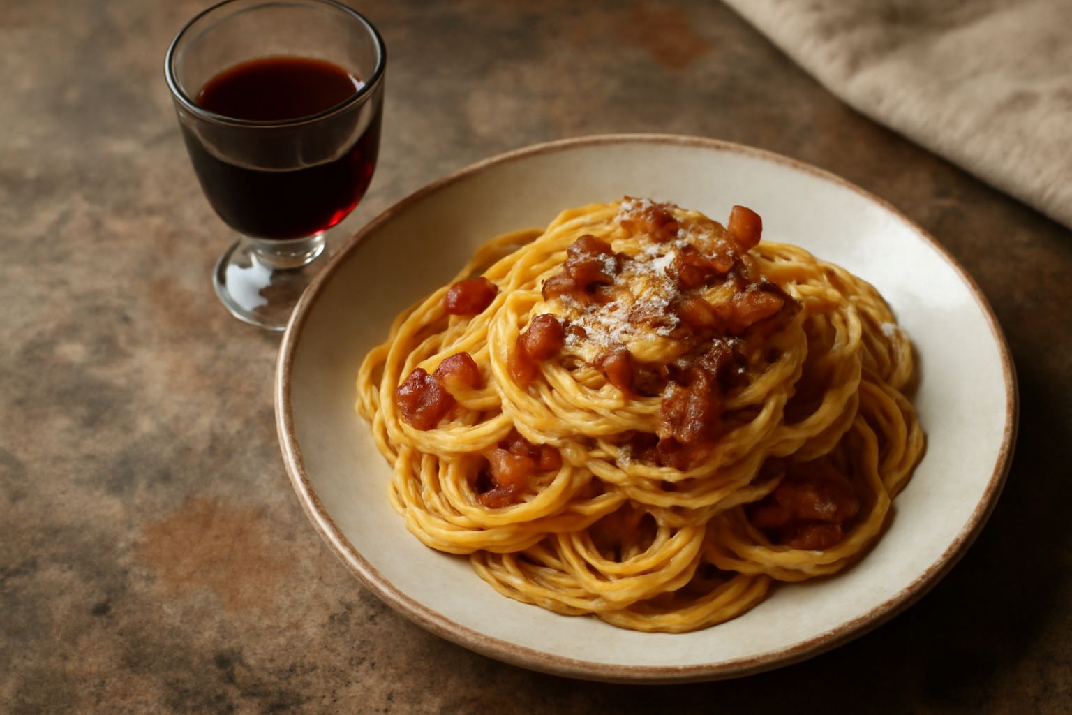 Bicchiere corto con amaro marchigiano marrone ambrato, trasparente, su tavolo di legno scuro con accanto rametti di erbe secche e una bottiglia vintage di vetro scuro a mezza spalla