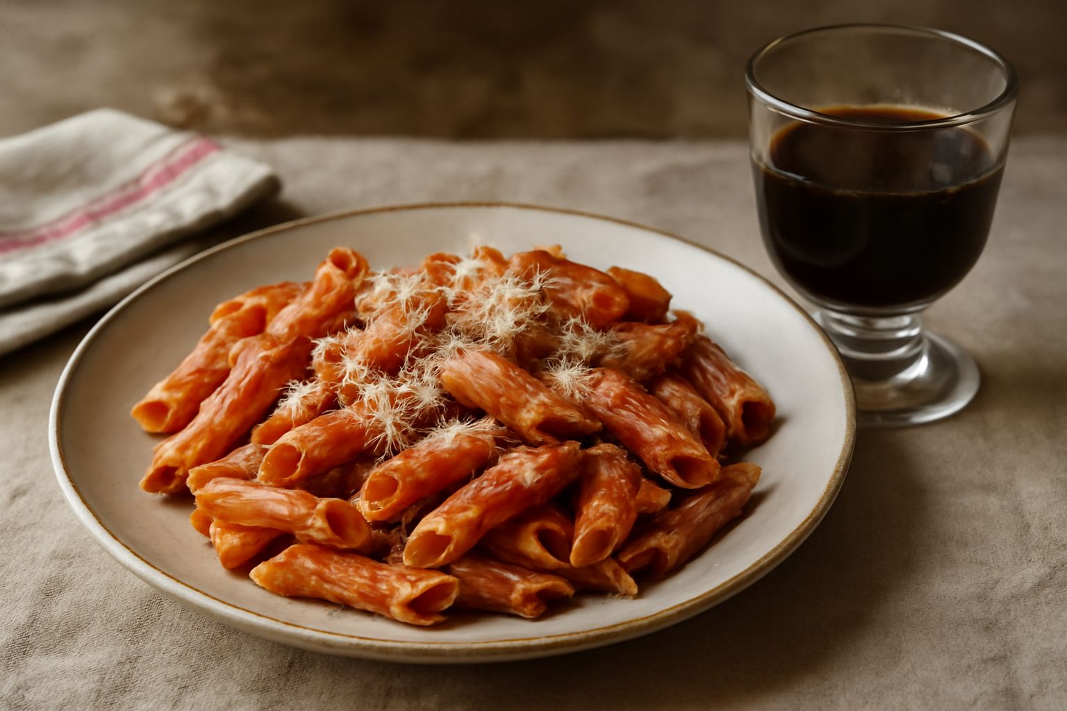 Un bicchiere di cristallo con amaro modenese scuro e trasparente, ghiaccio, sopra un tavolo in legno scuro. Accanto una bottiglia di vetro scuro, erbe secche sparse e una buccia d'arancia. Lo sfondo è