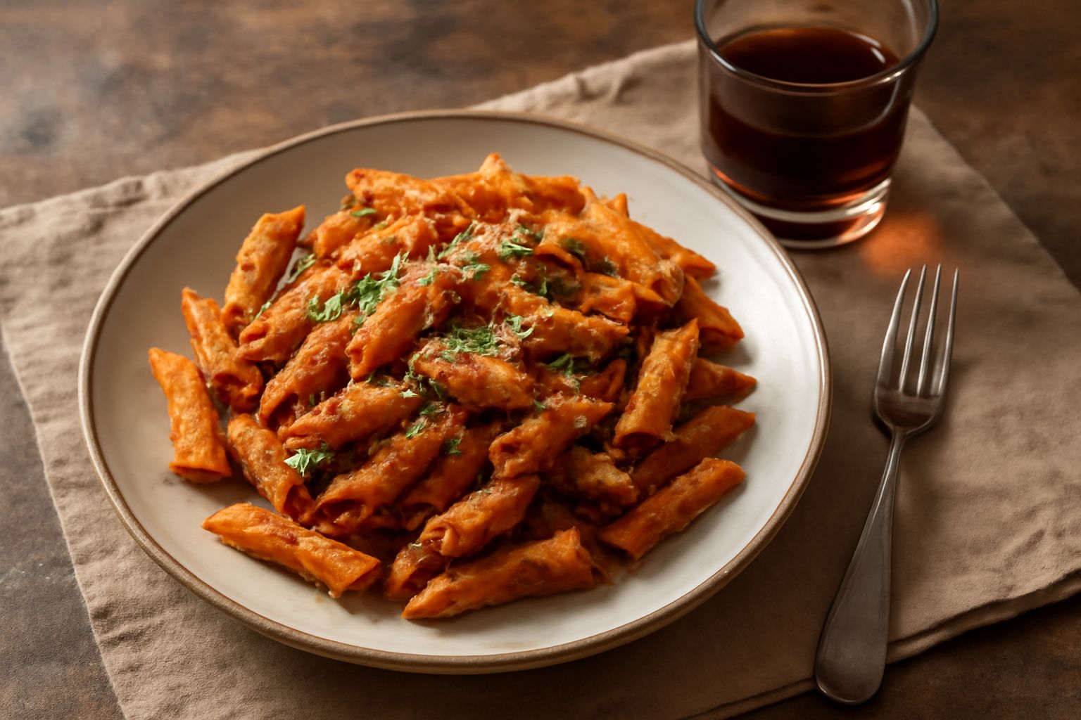 Bicchiere di cristallo con amaro molisano di colore marrone scuro e trasparente, fianco a una bottiglia di vetro scuro con etichetta, su sfondo di legno chiaro con erbe essiccate sparse