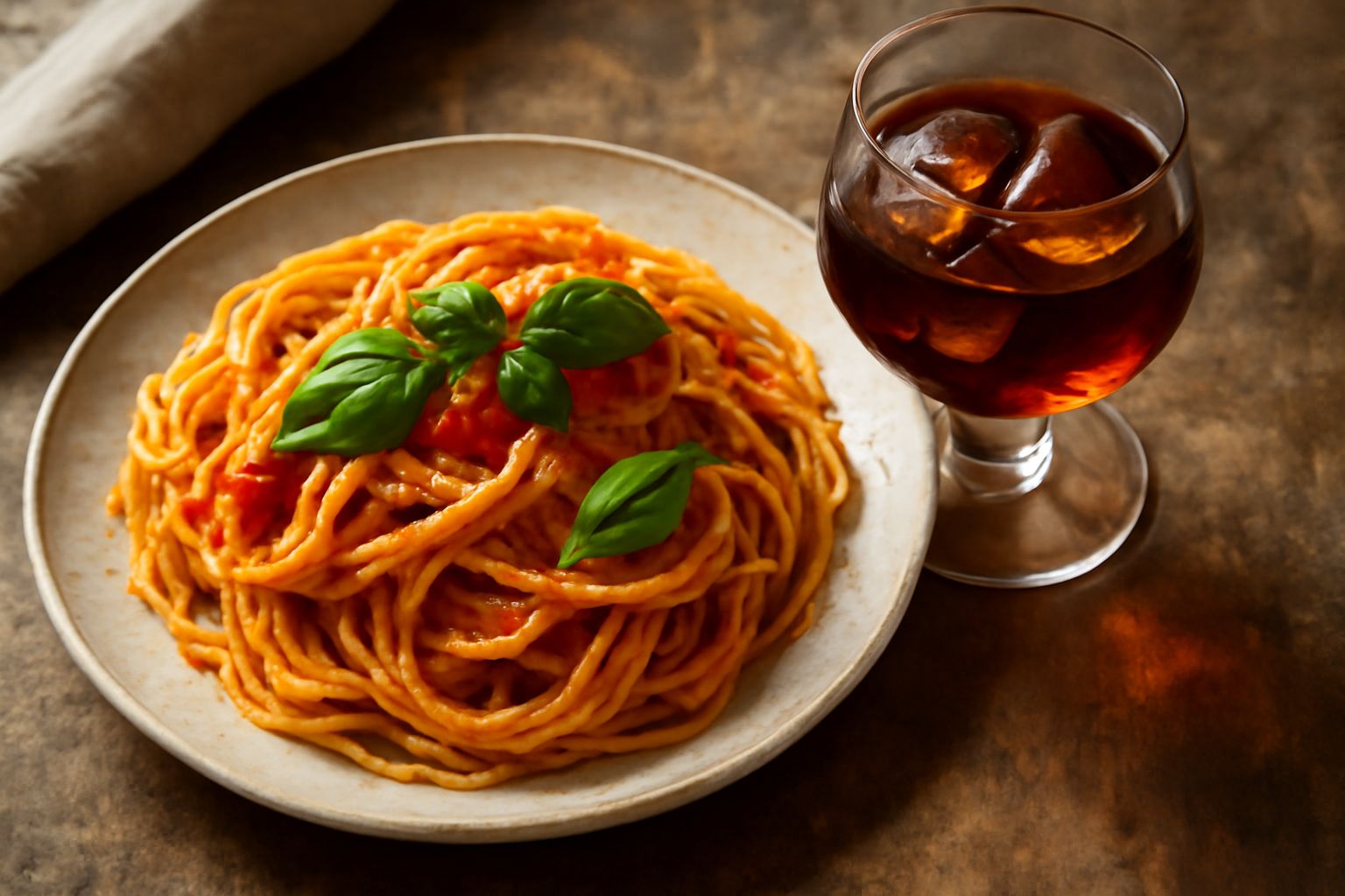 Bicchiere di Amaro Ramazzotti servito liscio con ghiaccio, liquido scuro ramato con riflessi dorati, circondato da cacao in polvere e bacche di ginepro su tavolo di legno