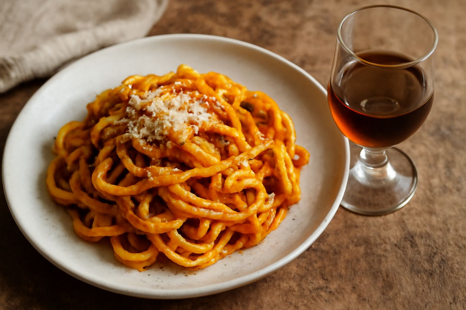 Bicchiere di vetro con amaro scuro ambrato, servito su tavolo di legno accanto a bottiglie di vetro scuro contenenti la miscela in infusione, con rametti di erbe aromatiche sparse