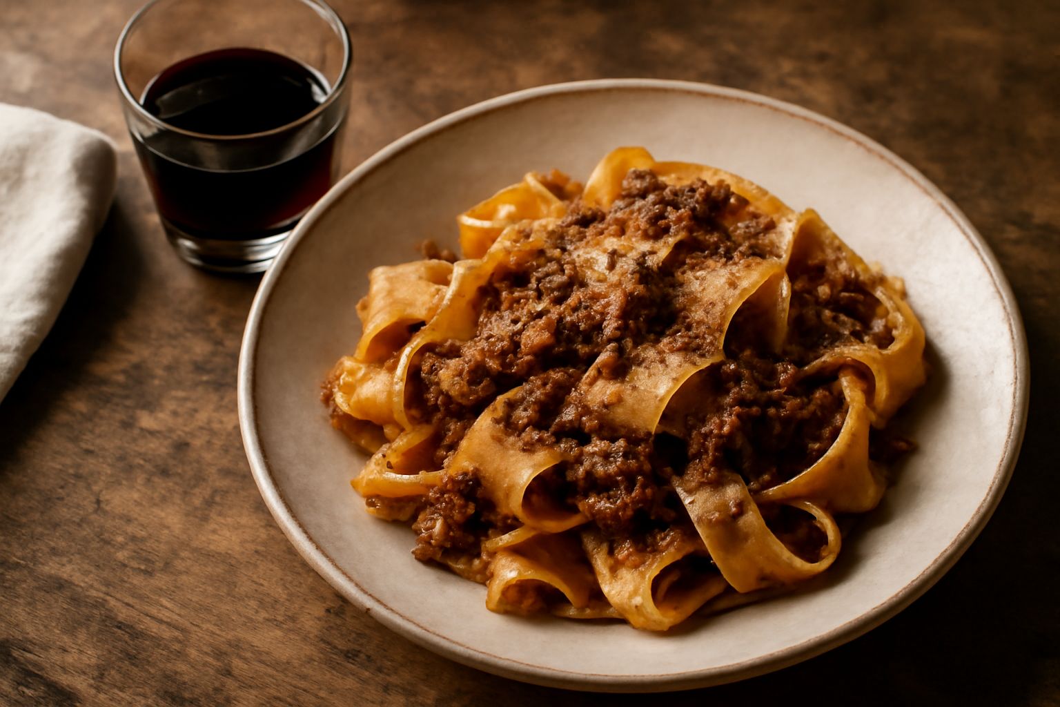 Bicchiere basso con Amaro Senese di colore marrone scuro, servito a temperatura ambiente su tavolo in legno, accanto a bottiglietta di vetro scuro con tappo di sughero