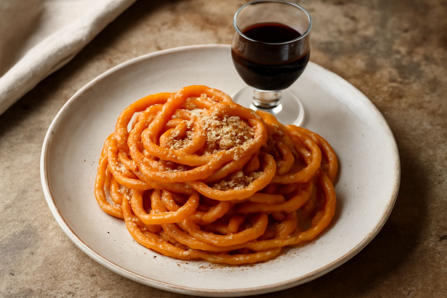 Bicchiere di cristallo con amaro siciliano scuro, quasi nero, su sfondo di bottiglia in vetro ambrato, accanto a rametti di erbe secche e mezza arancia.