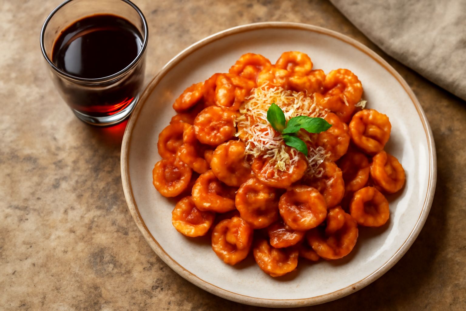 Bicchiere di amaro tarantino dal colore marrone scuro con sfumature rosse, servito a temperatura ambiente con sfondo di erbe secche e bottiglie di vetro