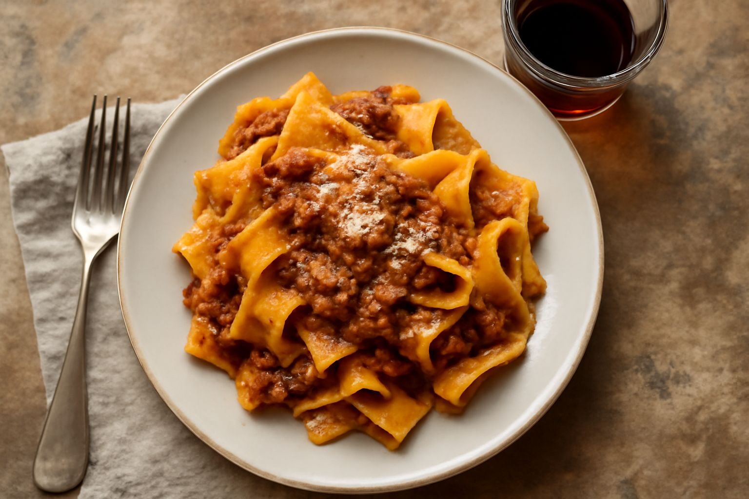 Bicchierino di amaro toscano scuro e trasparente con riflessi ambrati, servito in un calice da digestivo su tavolo in pietra, accanto a rami secchi di erbe e radici