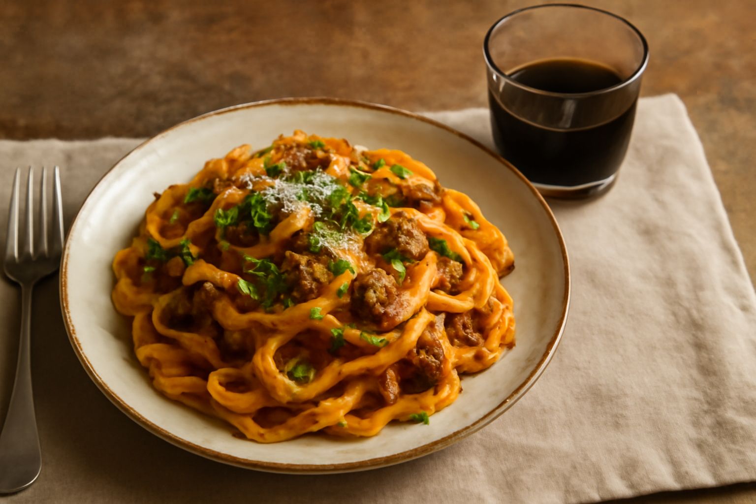 Bicchiere con Amaro Umbro di colore bruno scuro, servito dopo cena, con una foglia di menta verde accanto, su fondo di legno naturale