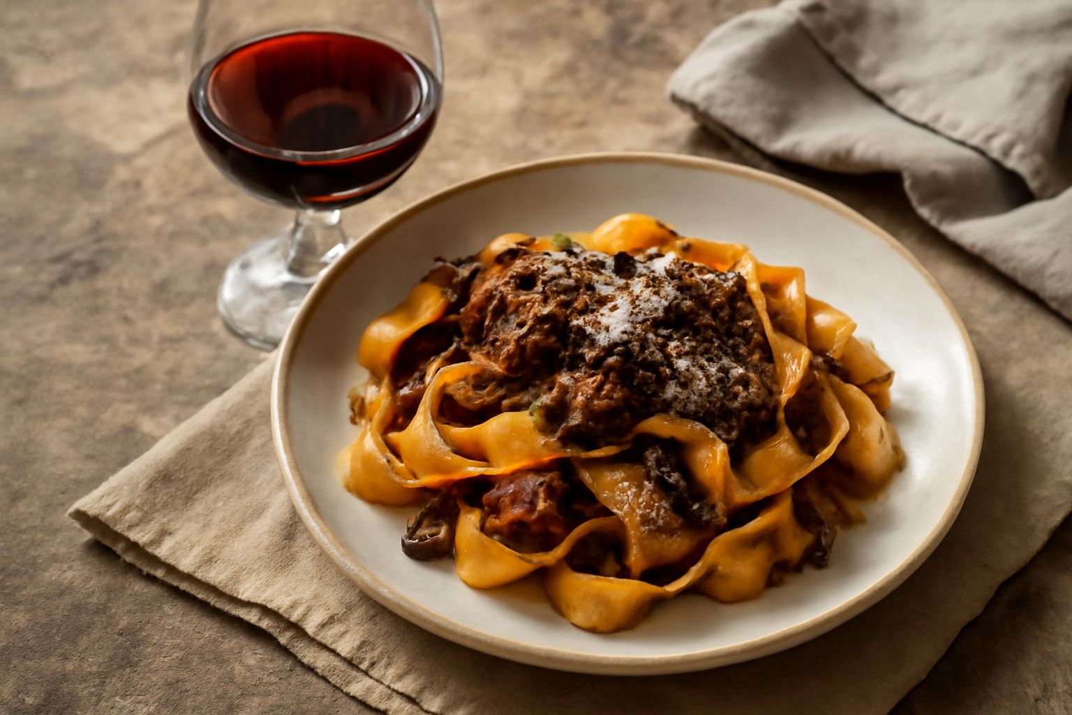 Bicchiere di cristallo con vino rosso scuro Amarone della Valpolicella, con sfumature color rubino, accanto a una bottiglia sullo sfondo e tagliere con formaggi stagionati