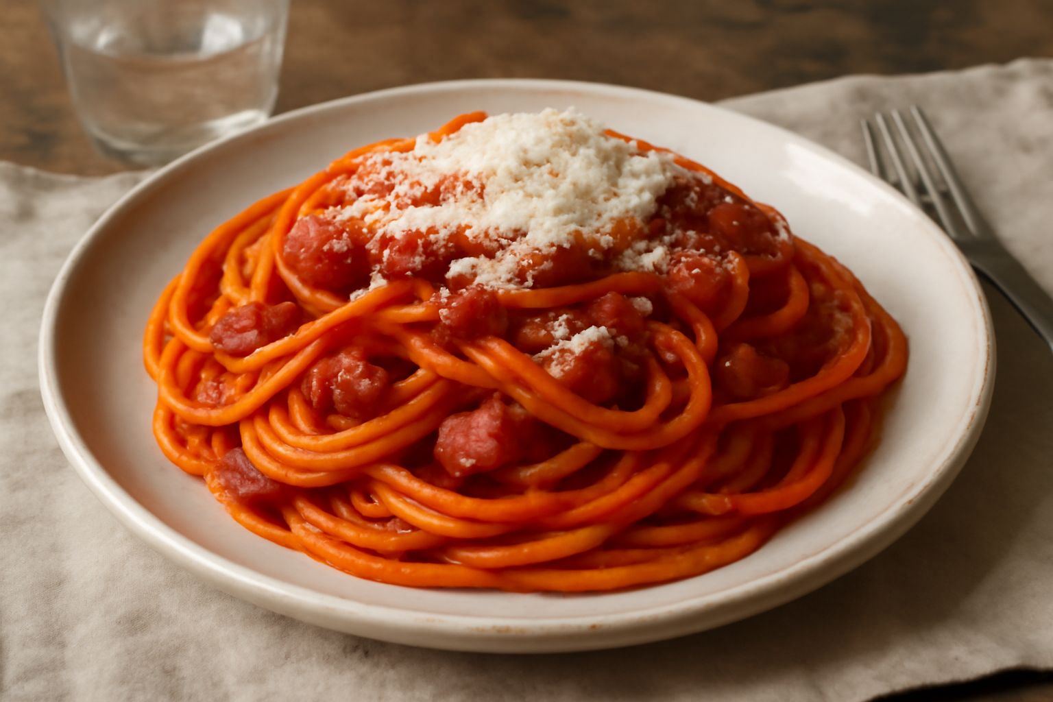 Piatto di spaghetti all'amatriciana conditi con sugo rosso, pezzetti di guanciale croccante, spolverati di pecorino romano grattugiato, su piatto bianco