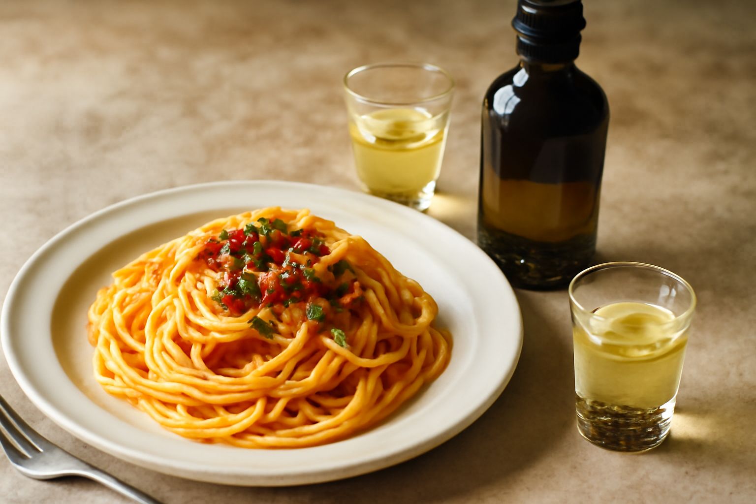 Bottiglia di vetro scuro con liquore trasparente e leggermente giallognolo, semi di anice visibili sul fondo, bicchierino da liquore con il digestivo accanto, su sfondo bianco