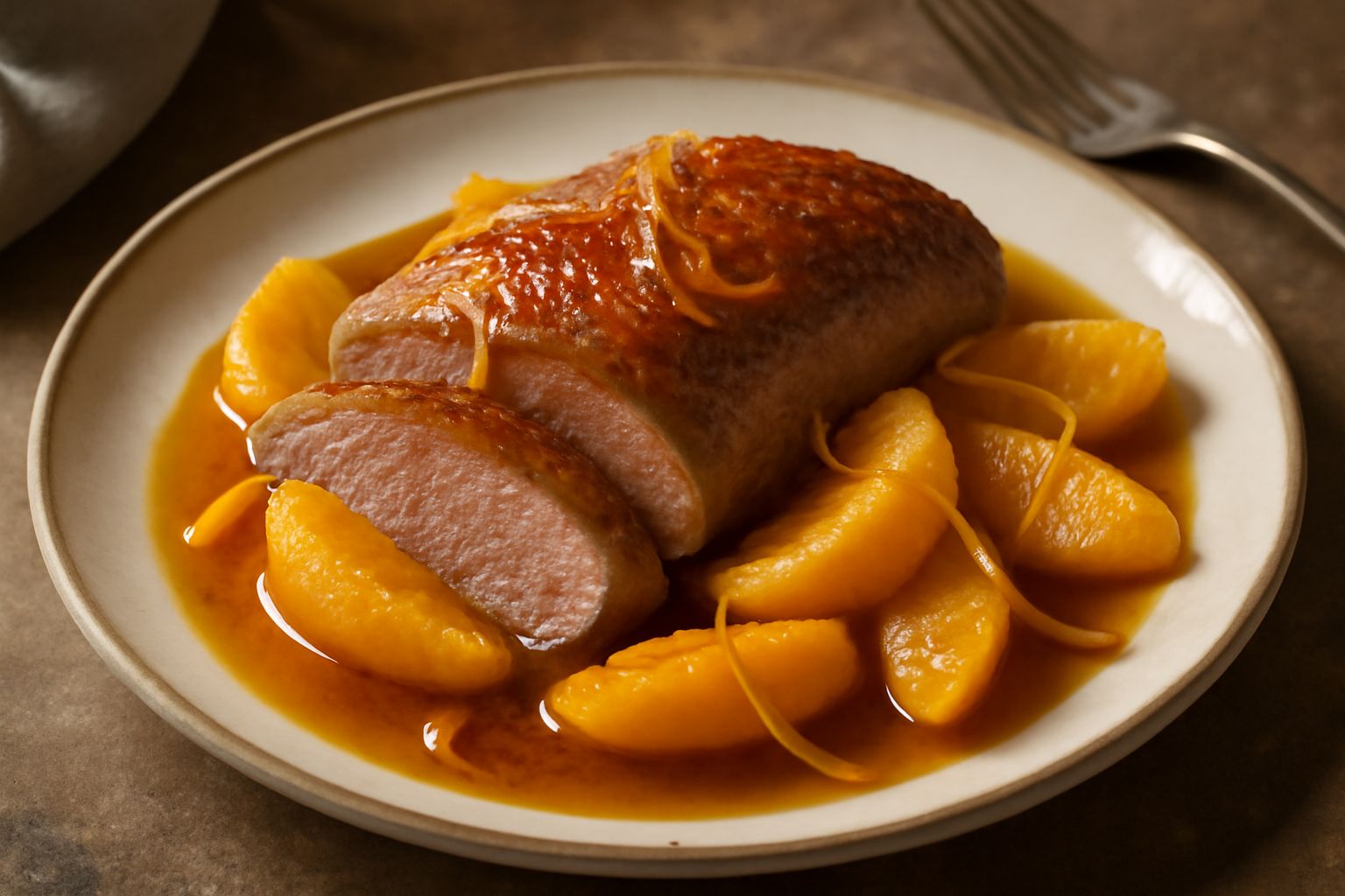 Anatra intera arrostita con pelle dorata e croccante, coperta da un sugo lucido color ambra-arancio, circondata da spicchi di arancia fresca e cipollotti verdi, servita in un piatto bianco fondo.