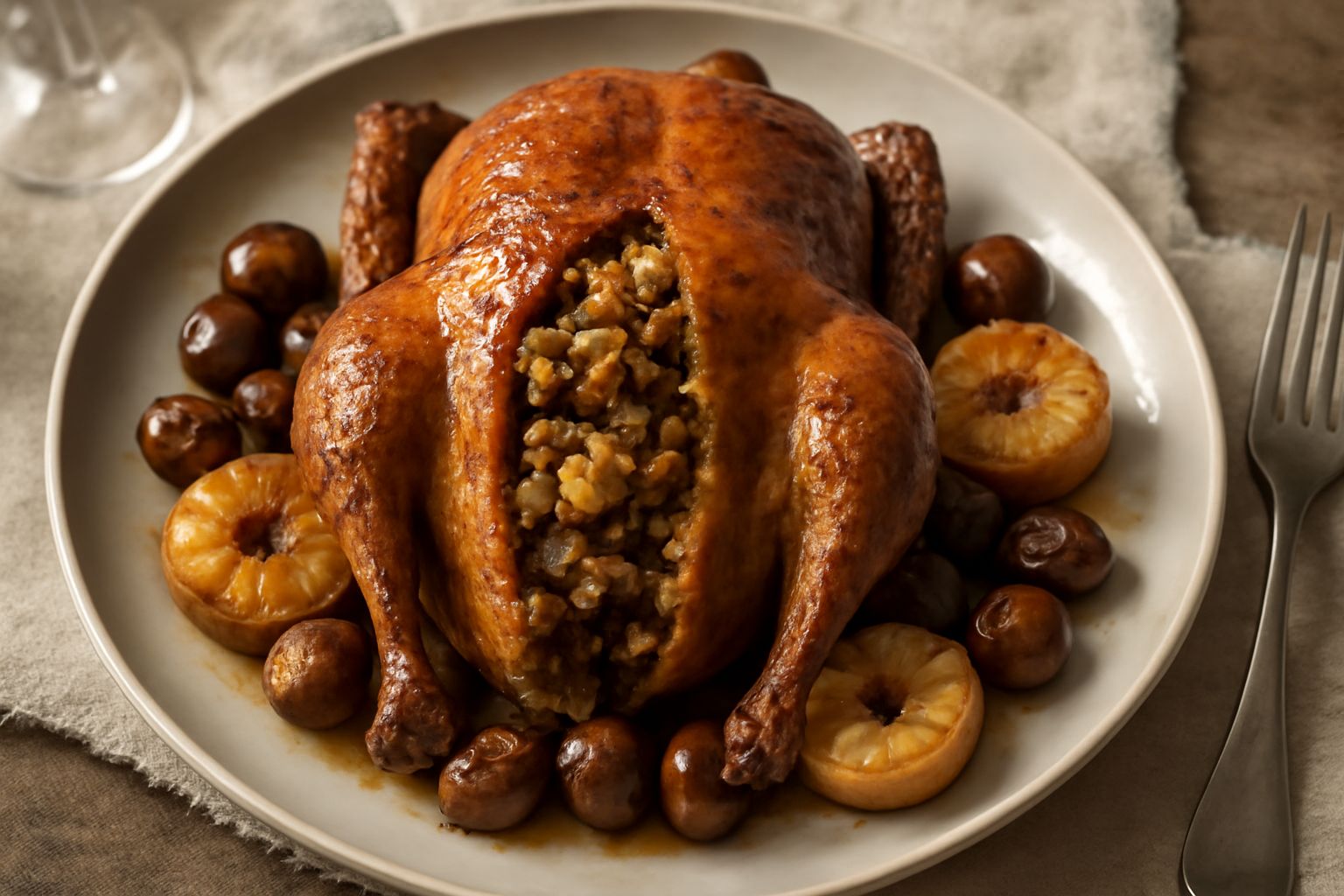 Un'anatra intera arrostita color marrone dorato, disposta su un piatto bianco con contorno di castagne caramellate, mele cotte e salsa scura attorno. La pelle è lucida e croccante, il ripieno visibile