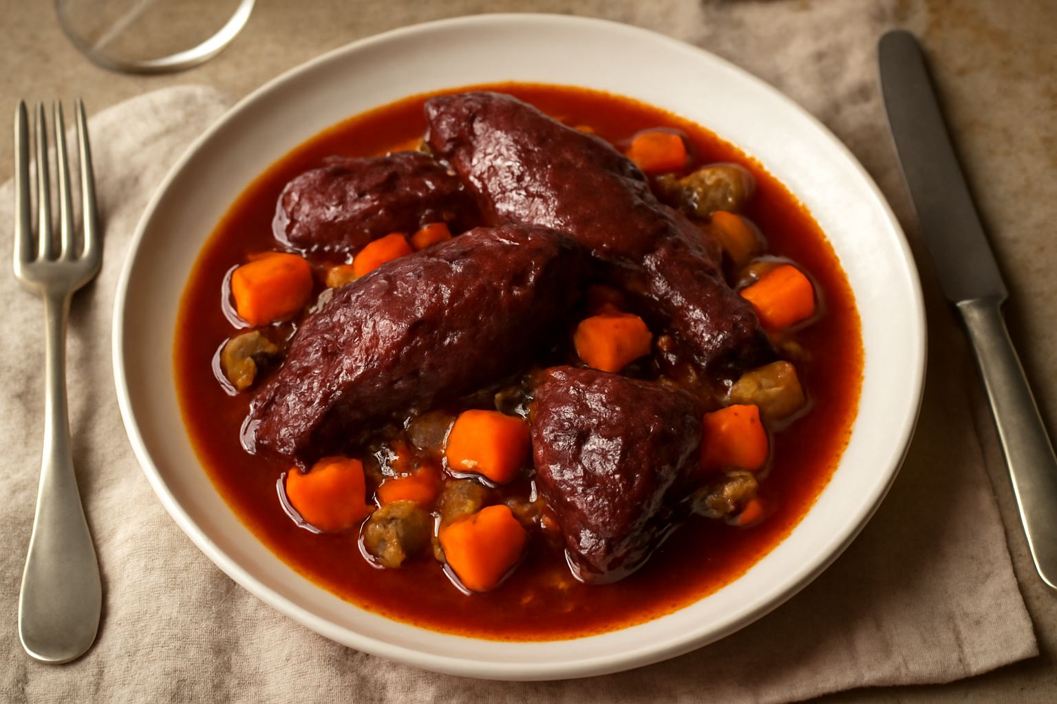 Anatra selvatica in salmi in una cocotta di terracotta scura, con carne scura e salsa brunasta, pezzi di carota e cipolla visibili, rametti di rosmarino sopra, contornata da fette di polenta gialla ne