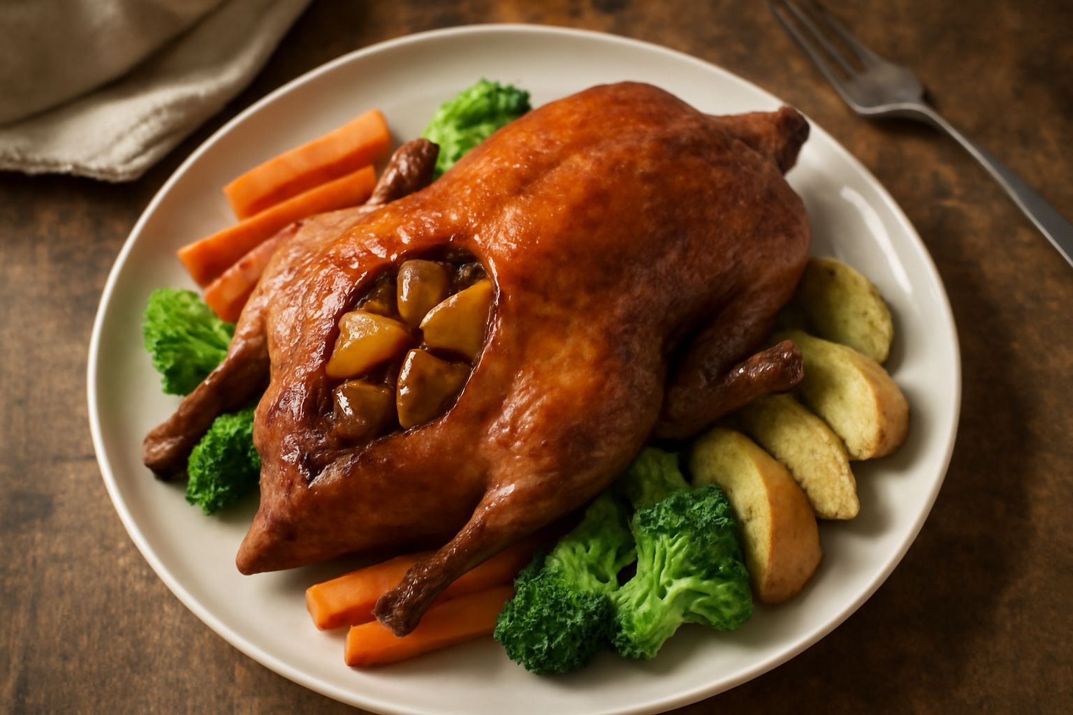 Anatra selvatica intera ripiena, arrosto, con pelle dorata e croccante, posata su un piatto bianco con intorno castagne arrostite, mele tagliate e rametti di rosmarino fresco
