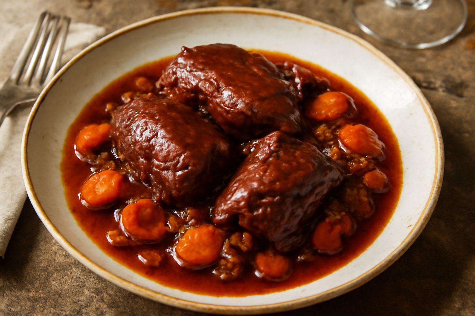 Piatto di anatra selvatica in umido color marrone scuro, circondata da carote, cipolle e sedano caramellati, carne visibilmente morbida in brodetto rosso vino, garnita con prezzemolo fresco verde, ser