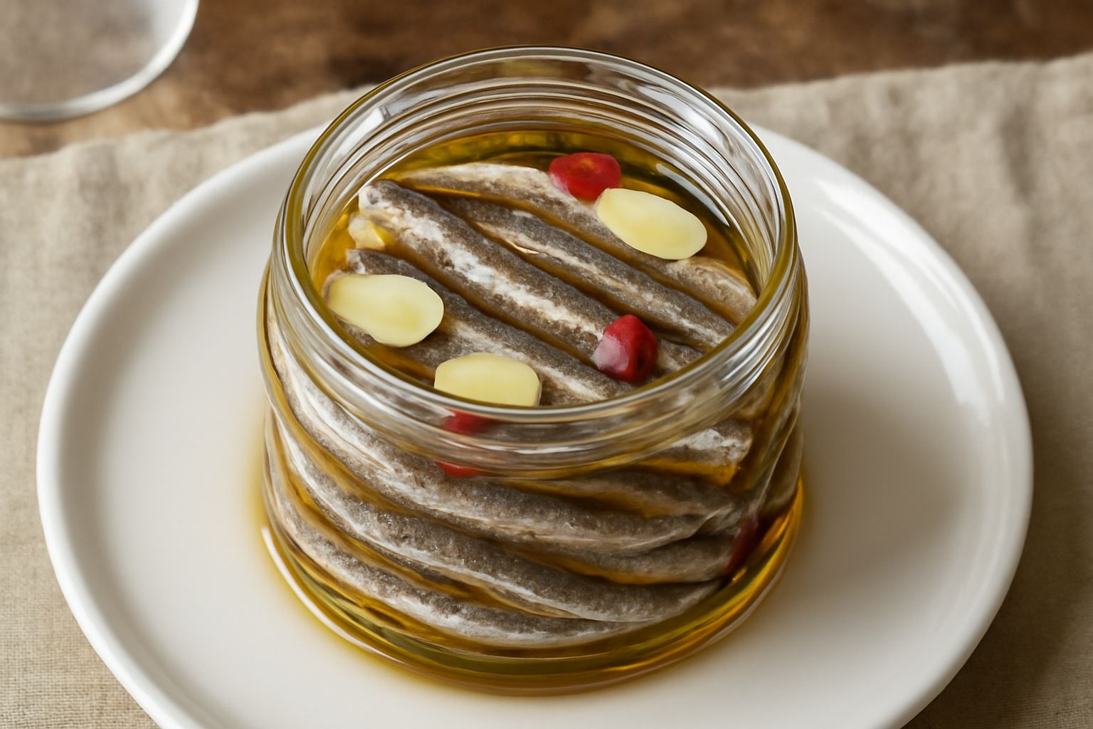 Vasetto di vetro con acciughe argentate sott'olio d'oliva dorato, filetti interi e ordinati, con aglio e peperoncino rosso visibile tra le acciughe, sfondo sfocato bianco crema