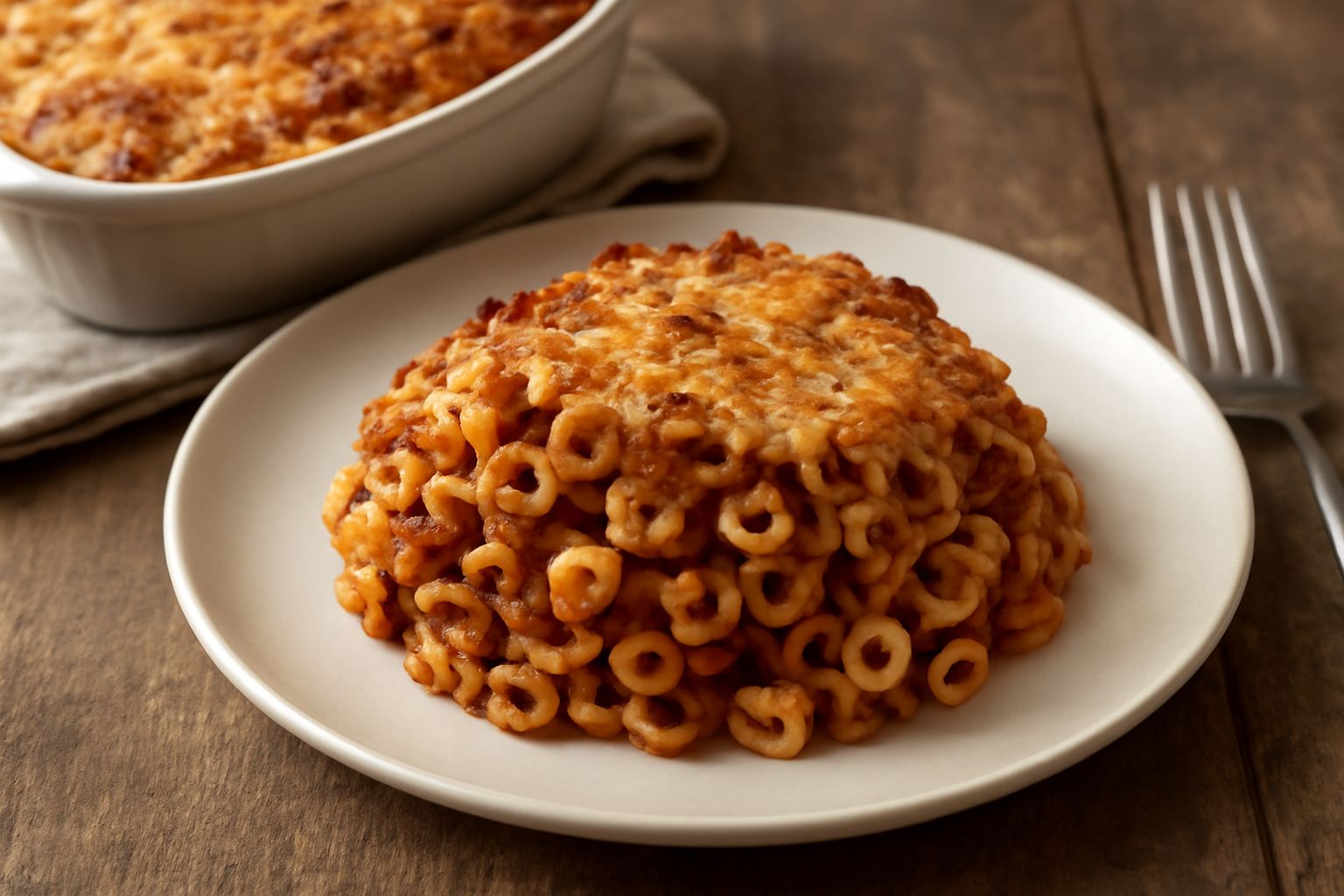 Anelletti al forno appena sfornati in una pirofila di ceramica bianca, superficie dorata e croccante con formaggio grattugiato, pezzi di ragù visibili tra gli anelletti, vapore che sale dal piatto cal