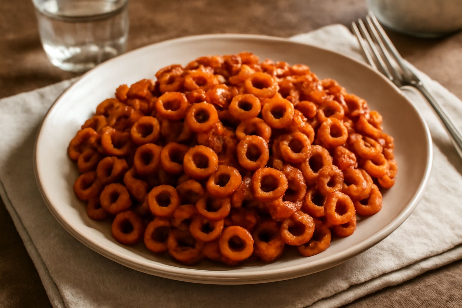 Anelletti al ragù in piatto bianco: pasta color avorio ricoperta di ragù rosso scuro, guarnito con parmigiano grattugiato bianco, ragù visto leggermente da sopra con vapore leggero