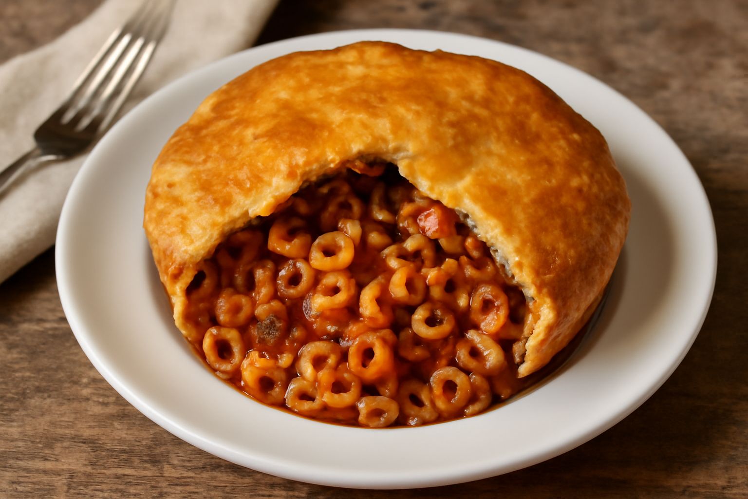Piatto di ceramica bianca con anelletti al ragù ricoperti da una crosta di pasta frolla dorata e croccante, con sfumature marroni di ragù visibile tra le maglie della pasta