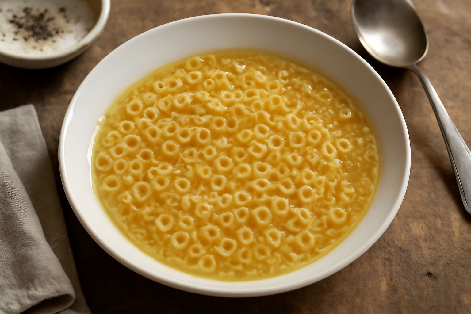 Una ciotola profonda di porcellana bianca con anellini piccoli immersi in brodo caldo trasparente, qualche goccia d'olio dorato in superficie, contornati da erbe aromatiche fresche e un cucchiaio acca