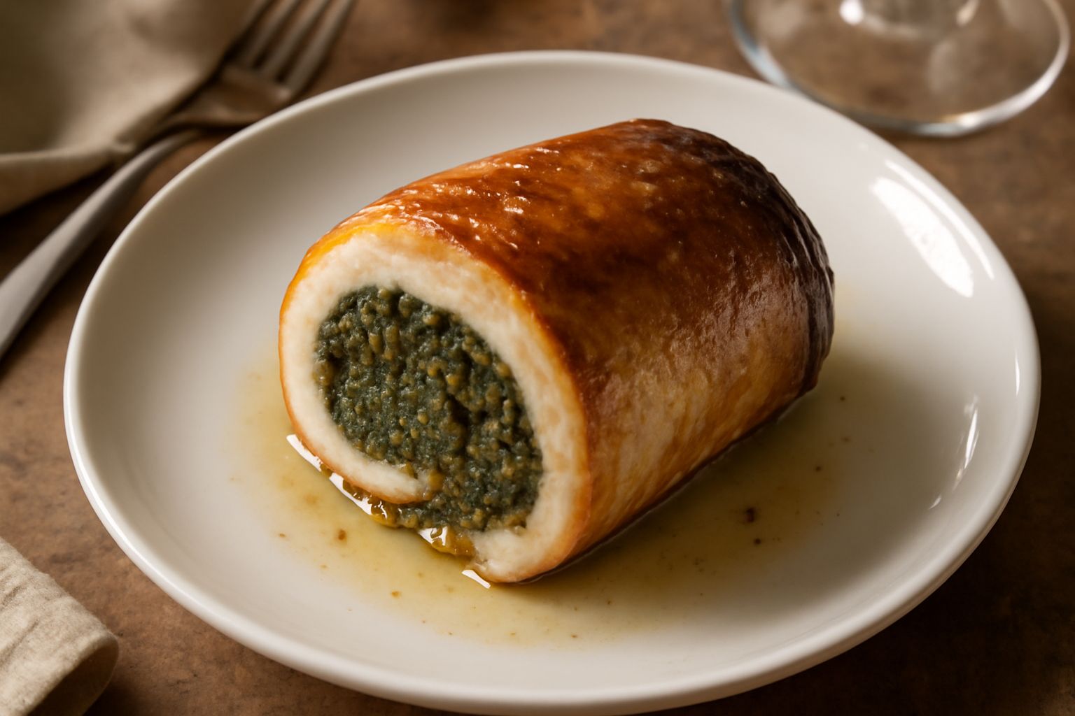 Anguilla a beccafico disposta su piatto bianco, arrotolata a spirale con interno del ripieno verde e bruno visibile, bagnata d'olio dorato, contornata da fette di limone fresco