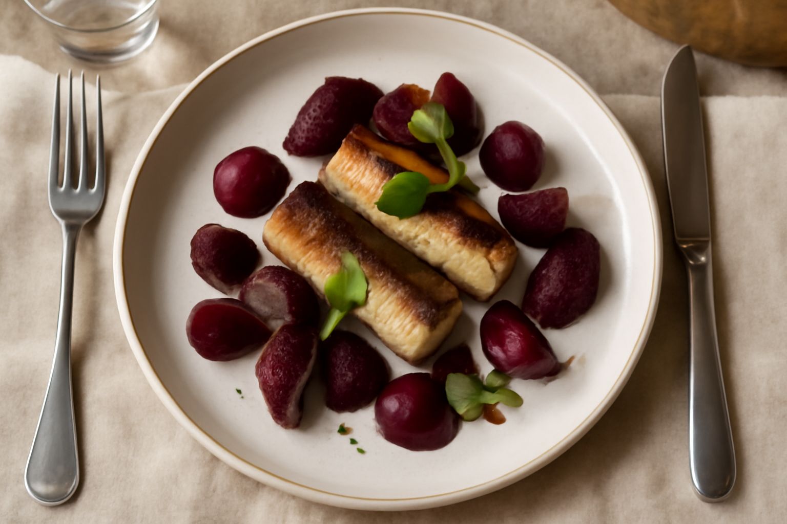 Piatto bianco con salata d'anguilla: strisce di anguilla affumicata color oro, fette di mela bianca, rucola verde brillante, sedano tagliato finemente, condito con olio d'oliva lucido e un filo di ace