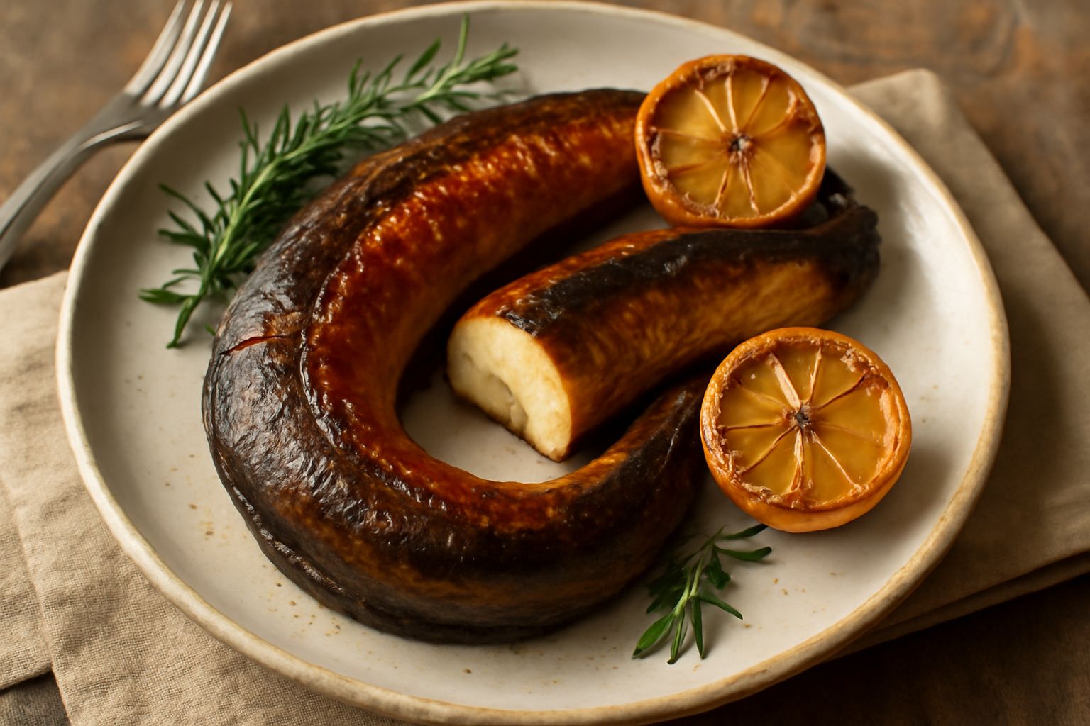 Anguilla al forno intera su piatto bianco, pelle dorata e croccante, circondata da fettine di limone giallo, rosmarino fresco verde, e un filo d'olio d'oliva lucido sulla superficie