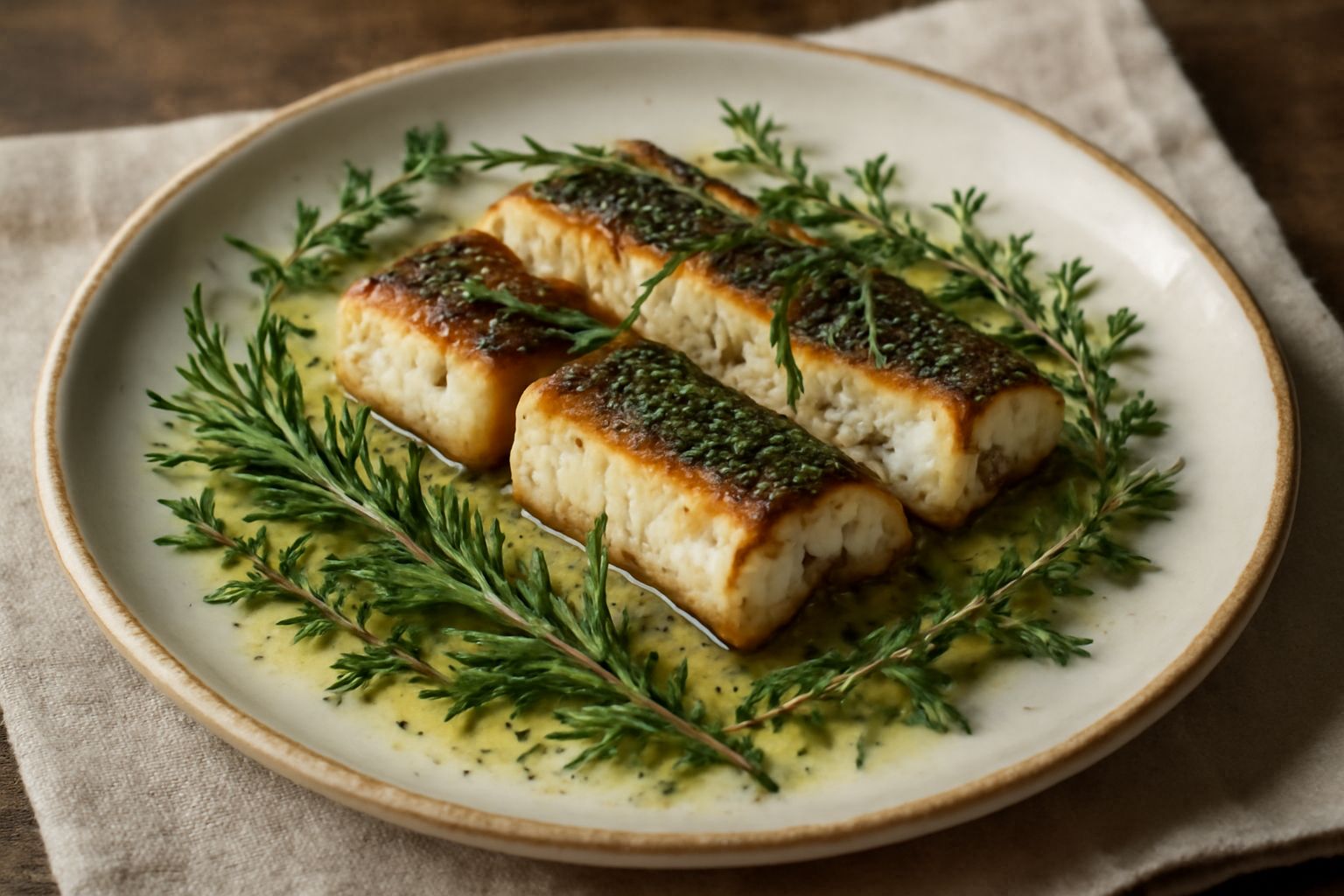 Anguilla dorata al forno su piatto bianco, circondata da rametti di rosmarino e timo fresco, con un filo d'olio e limone, carne visibilmente rosata e succulenta