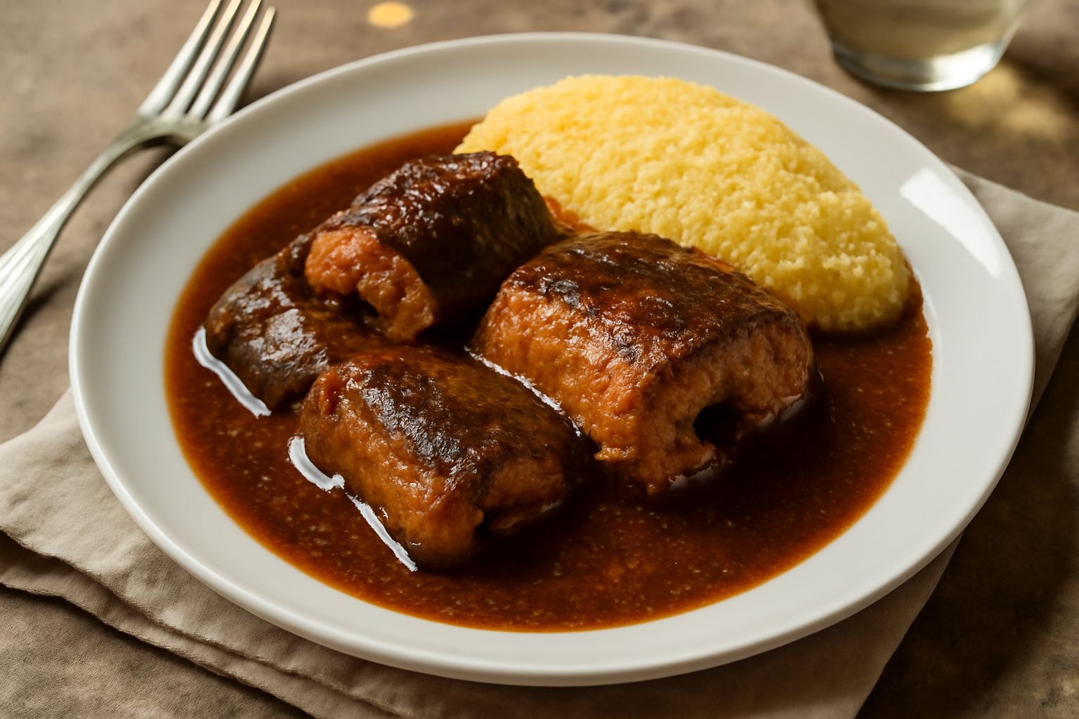 Anguilla in umido brunita nel piatto bianco, circondata da salsa scura con alloro visibile, accompagnata da polenta cremosa gialla