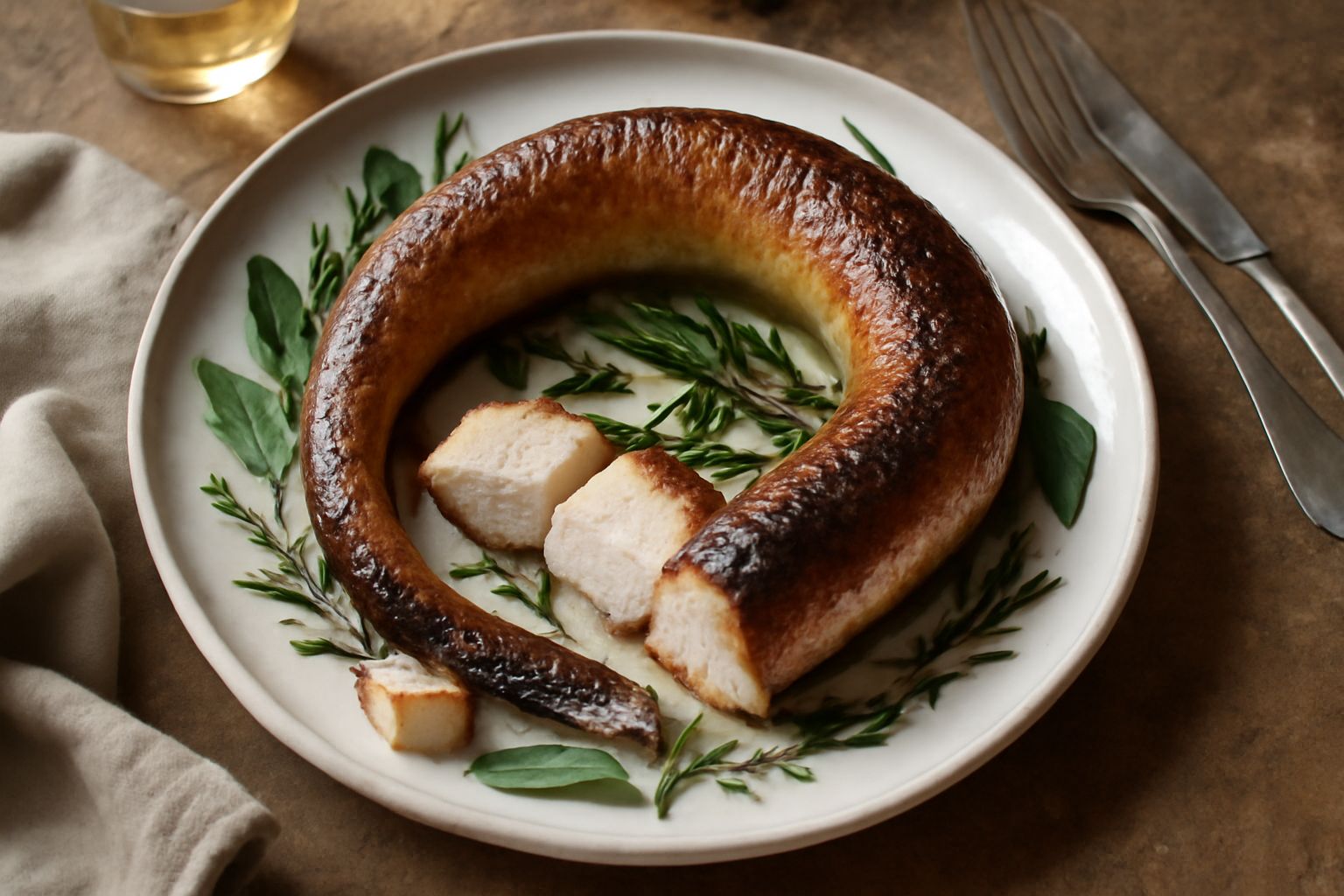 Anguilla intera cotta al forno su piatto bianco, dorata e lucida, circondata da foglie di salvia fresca, fette di limone e rosmarino, con contorno di verdure grigliate leggere