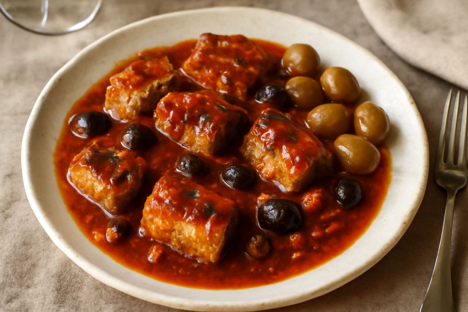 Anguilla affettata e cotta in umido con pomodori rossi, olive nere e capperi in un tegame di terracotta, guarnita con prezzemolo fresco e servita su piatto bianco