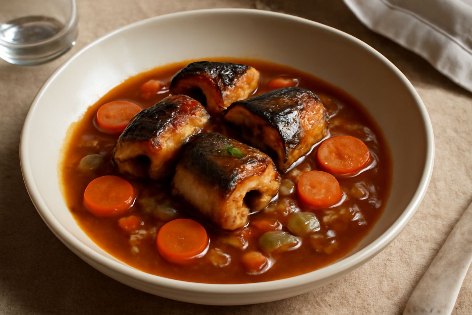 Pezzi di anguilla in salsa densa marrone-rossa con rondelle di carota, cipolla e sedano in bianco, in piatto fondo di ceramica bianca, guarnita con prezzemolo fresco verde