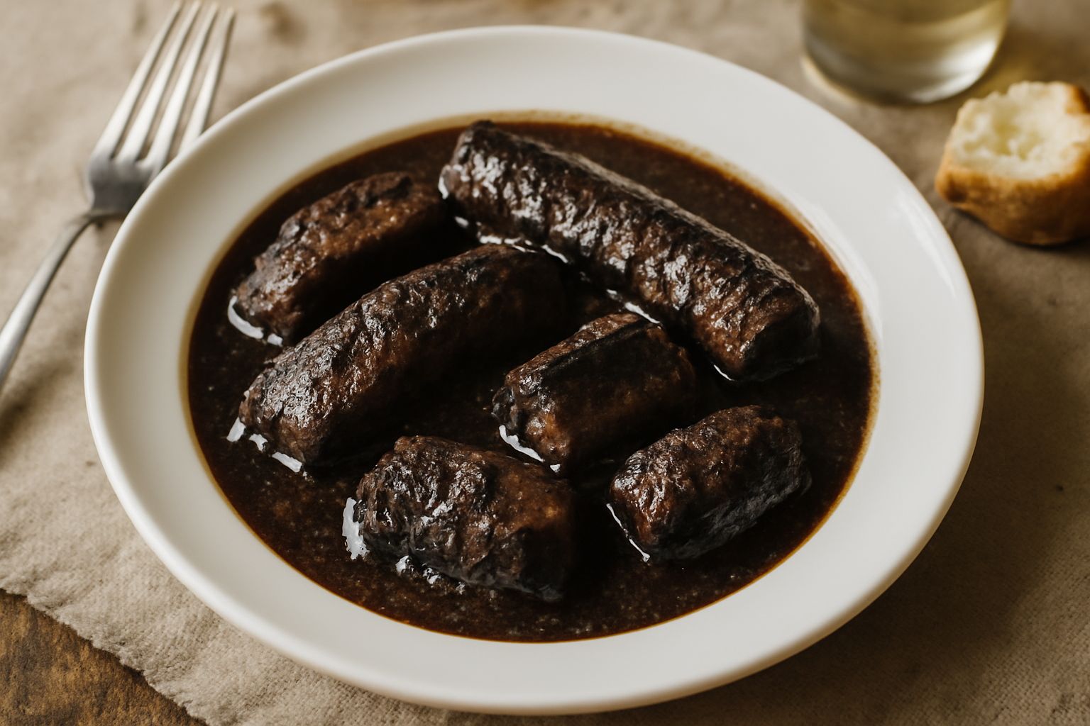 Anguilla cuocinata in umido in una pentola di terracotta, tenerissima e brunita, con salsa densa e scura, guarnita di foglie di alloro fresco e aceto balsamico. Servita in piatto bianco fondo.