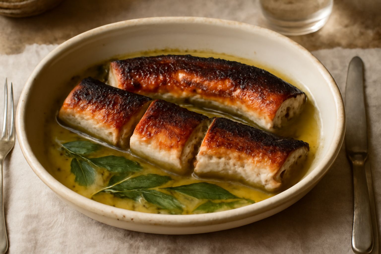 Anguilla intera cotta al forno, dorata e bagnata di sugo di vino bianco, disposta in una pirofila di terracotta con rametti di salvia fresca, contornata da fette di limone e cipolla dolce
